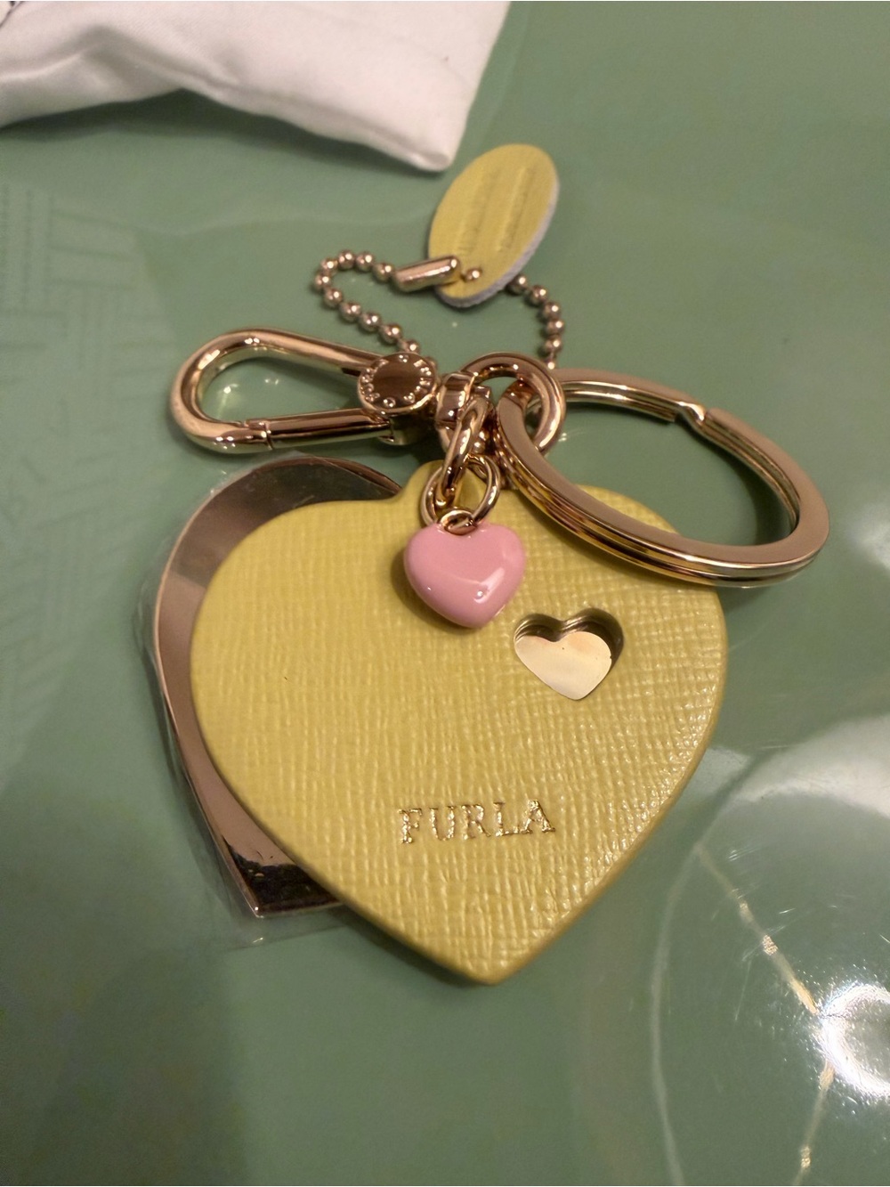 Furla Heart Yellow leather and metal mirror triple heart bag charm/ Keyholder NW